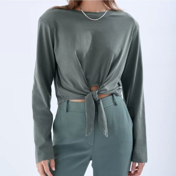 Aritzia Babaton Headline Long Sleeve Tie Front Cotton Beige S - Picture 2 of 11